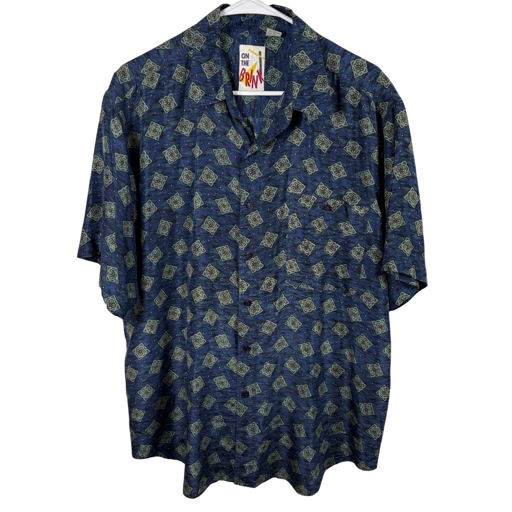 Vtg On The Brink 100% Silk Shirt‎ Men's L Blue Geometric Short-Sleeve Button-Up